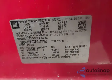 2015 Chevrolet Silverado 1500 2Lt z USA, uszkodzony, nr VIN 3GCUKRECXFG177453